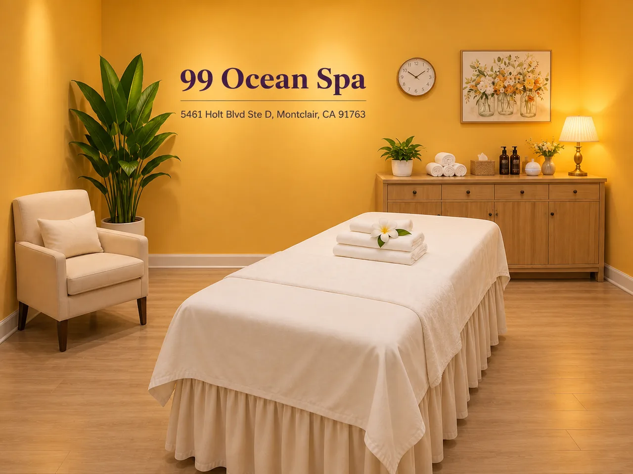 Private, clean massage room prepared for a visit at 99 Ocean Spa in Montclair, CA