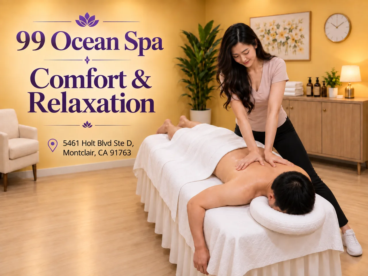 Back massage in a clean private room at 99 Ocean Spa in Montclair, CA