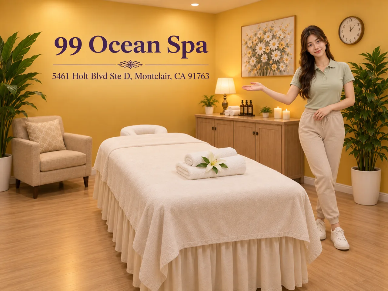 Friendly staff in a clean, private room at 99 Ocean Spa near Chino, CA