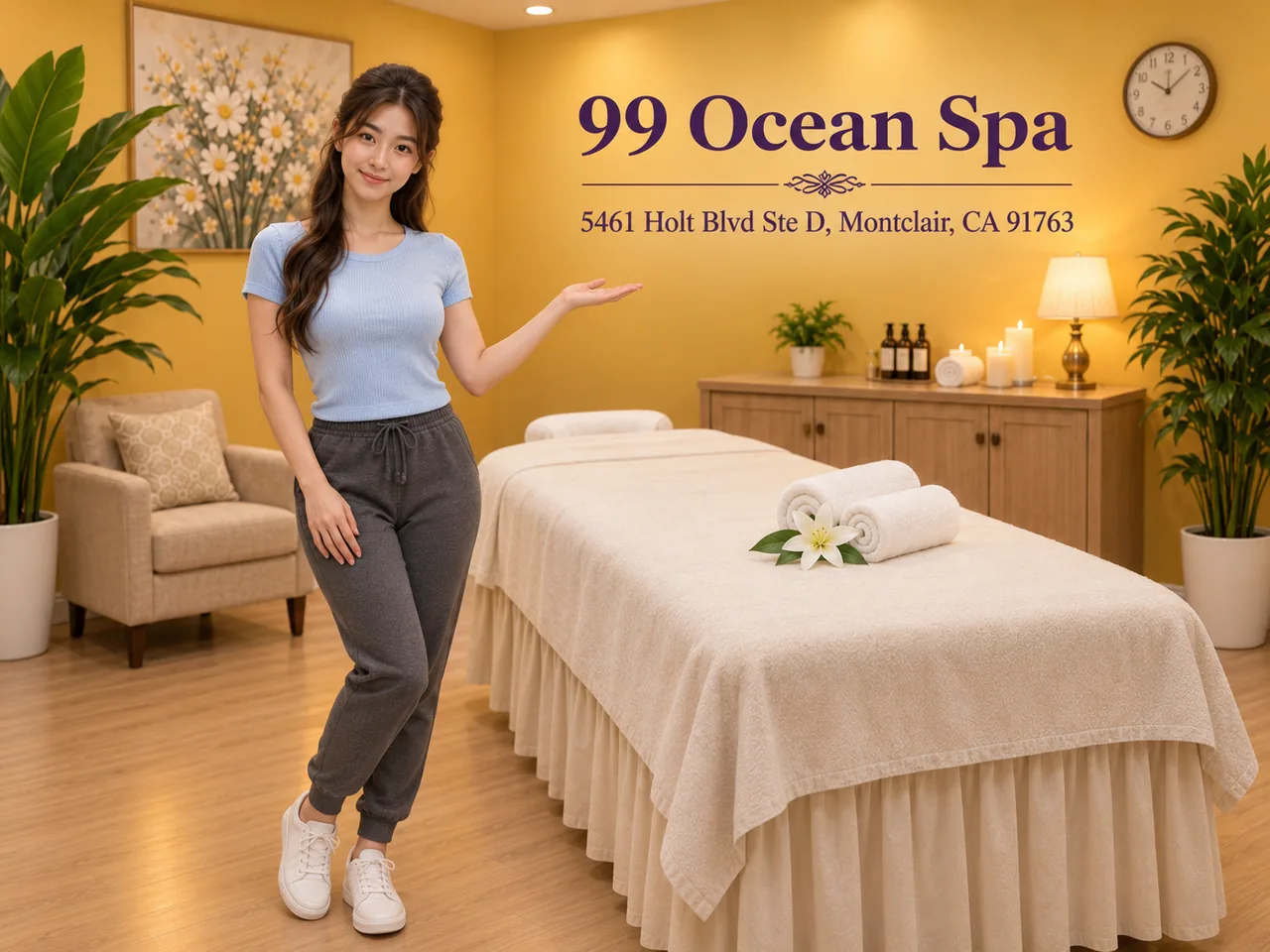 Friendly staff in a clean, private room at 99 Ocean Spa near Pomona, CA