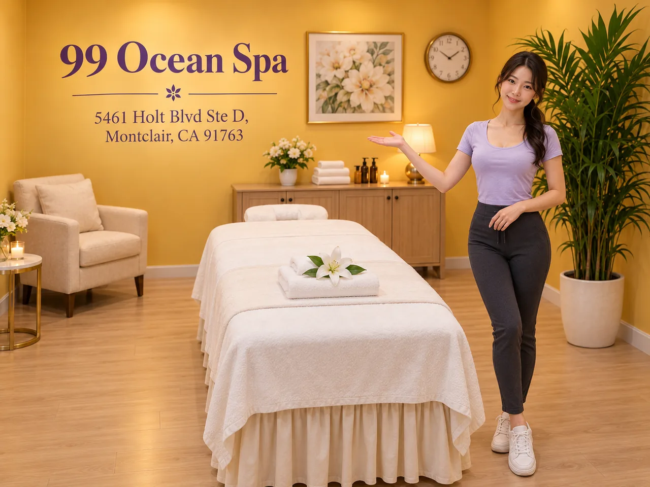 Friendly staff member in a clean massage room at 99 Ocean Spa in Montclair, CA