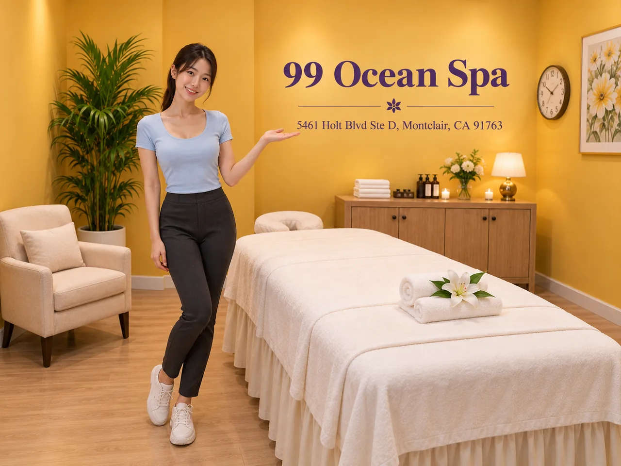 Staff member in a clean massage room at 99 Ocean Spa in Montclair, CA