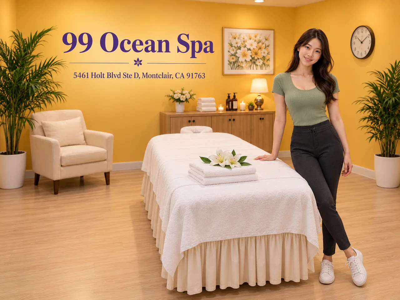 Friendly staff member beside a clean massage table at 99 Ocean Spa in Montclair, CA