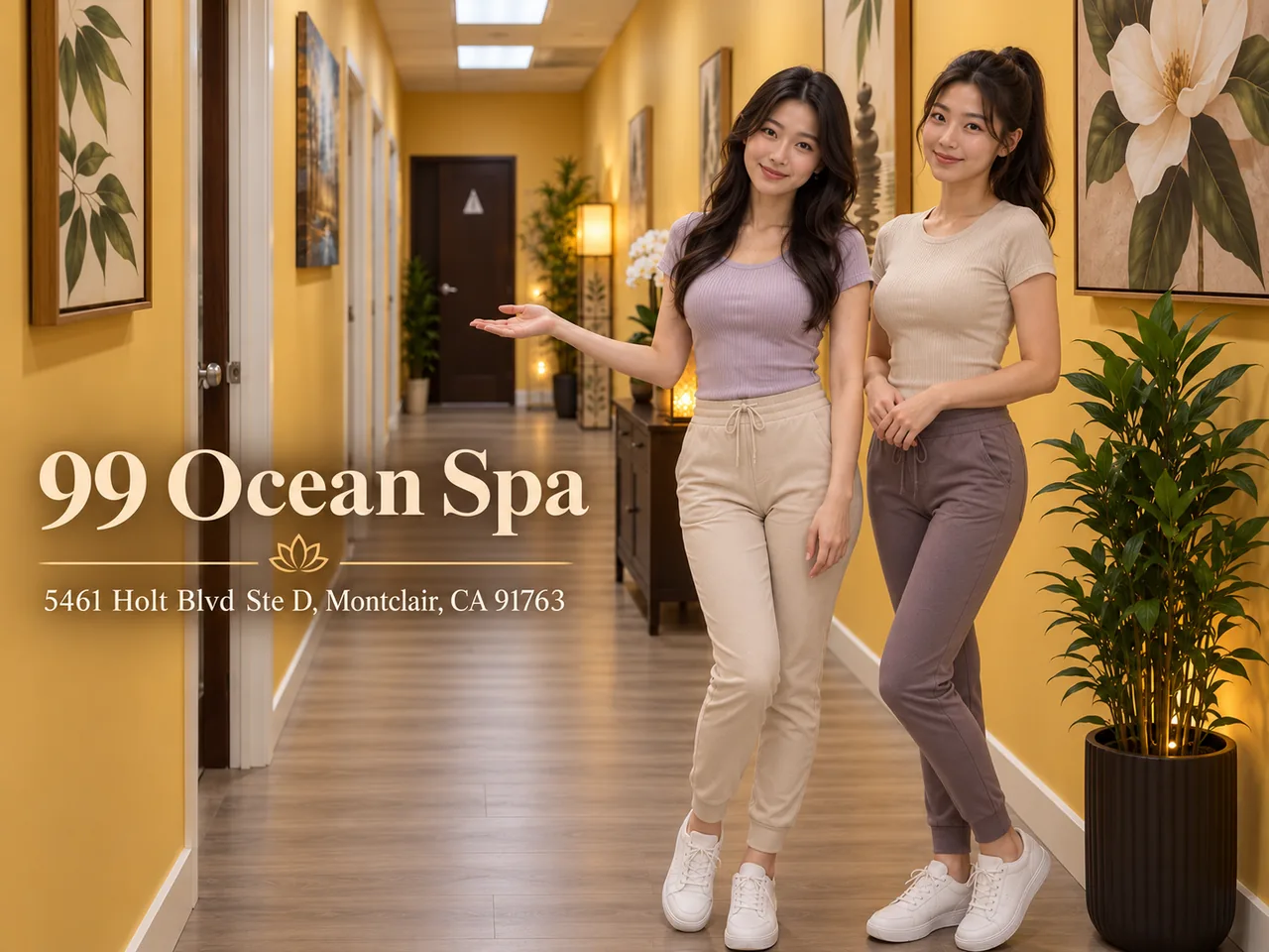 Two staff members welcoming guests in the hallway at 99 Ocean Spa in Montclair, CA
