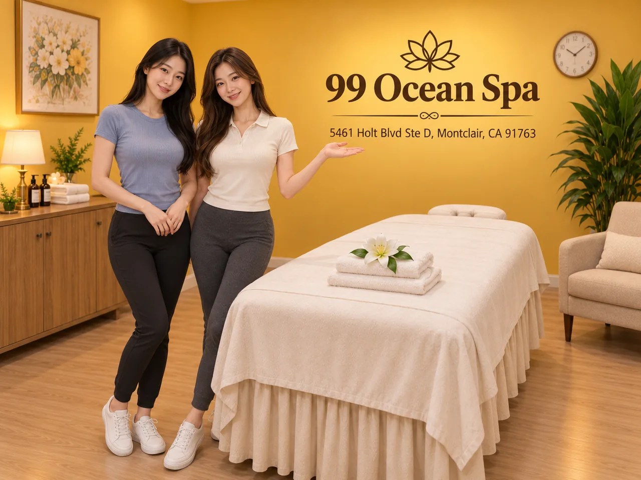 Two friendly staff members in a clean private room at 99 Ocean Spa in Montclair, CA