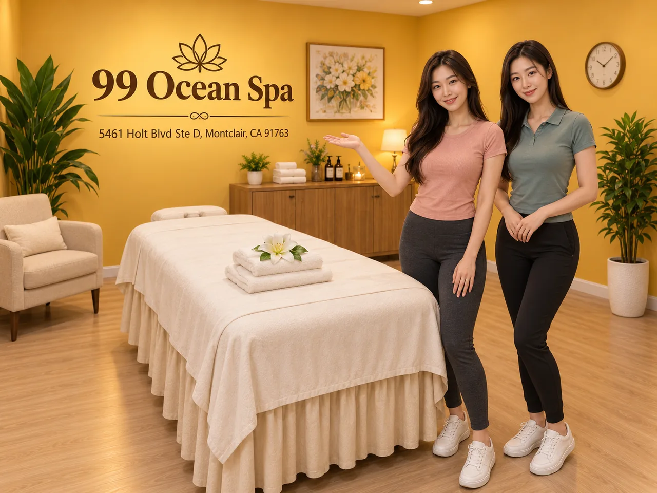 Two friendly staff members in a clean, welcoming massage room at 99 Ocean Spa in Montclair, CA